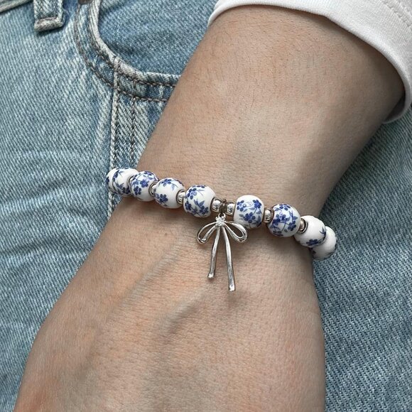 Beaded Charm Blue Pearl Bracelet Women Vintage Flower Handmade Romantic Jewelry - Picture 3 of 5